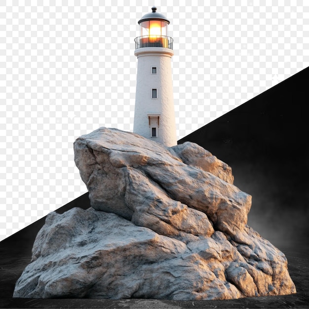 a white lighthouse is on a black background with a black background