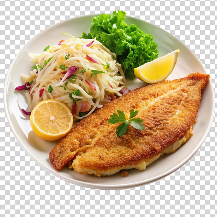 A white plate with a fish and a salad on it on transparent background