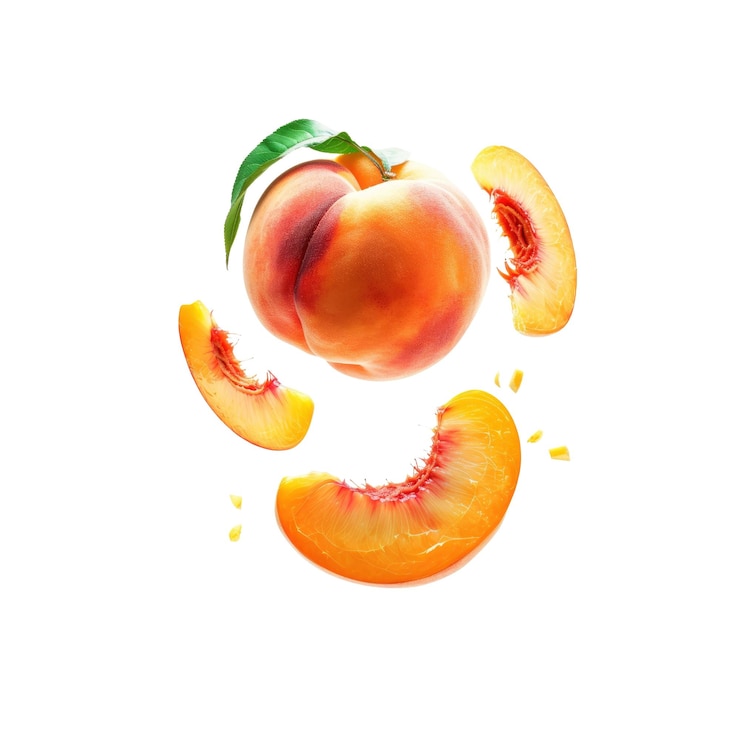 PSD a whole peach flying with a slice on a white background