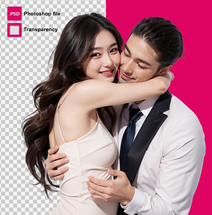 PSD a woman and a man embrace each other and hold roses on valentines day