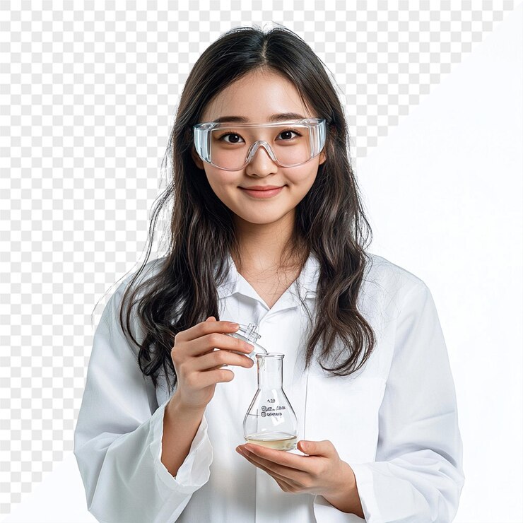 PSD a woman holding a test tube with a bottle of liquid in it