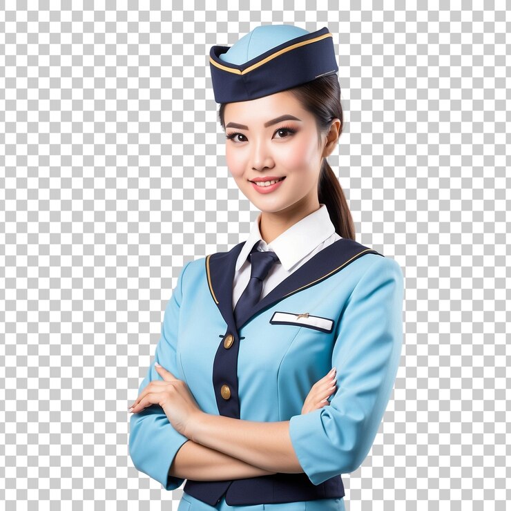 PSD a woman in a blue uniform with a name tag on it