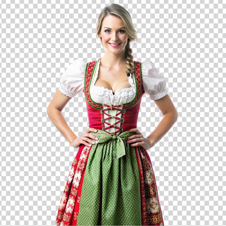 A woman in a green and red dress posing for a picture on transparent background