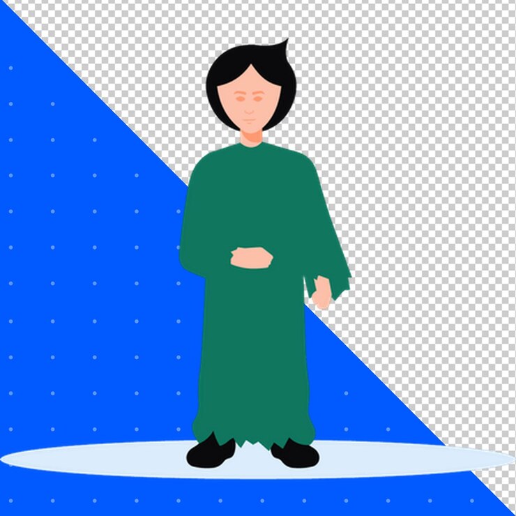 PSD a woman in a green robe stands on a snow covered floor