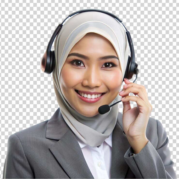 PSD a woman in a headset smiling at the camera on transparent background