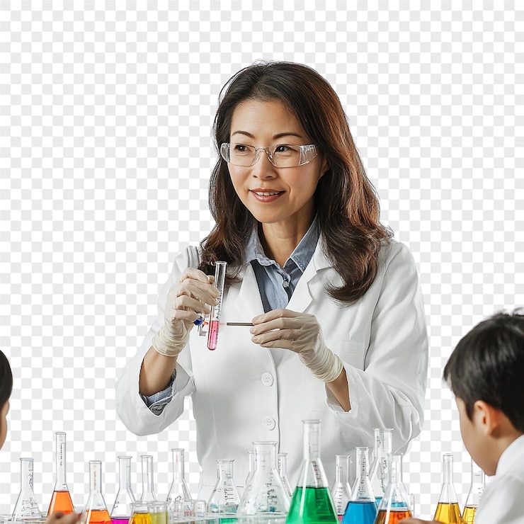 PSD a woman in a lab coat is holding a test tube with three boys in front of them