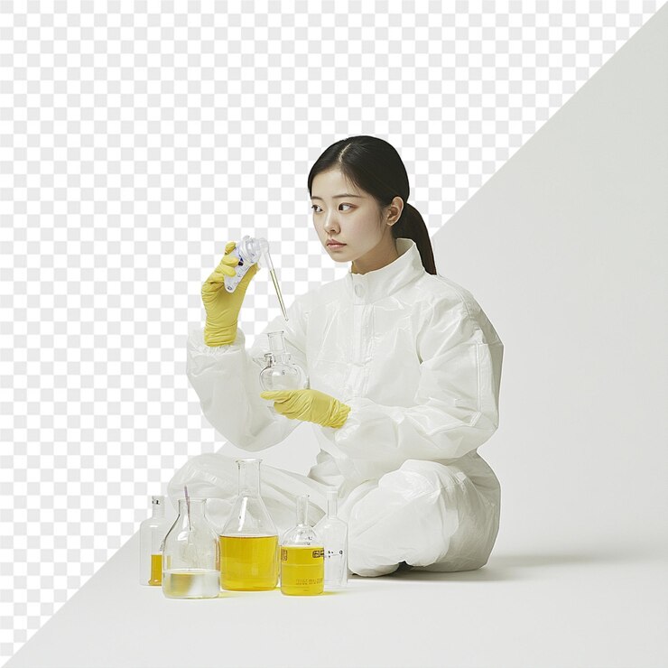 PSD a woman in a lab coat with a yellow glove on her hand