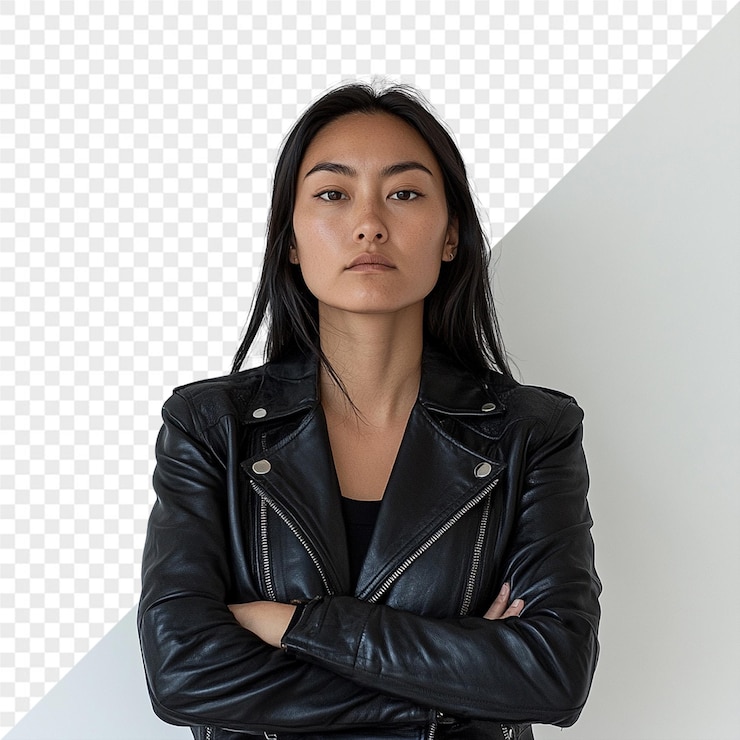 PSD a woman in a leather jacket with her arms crossed