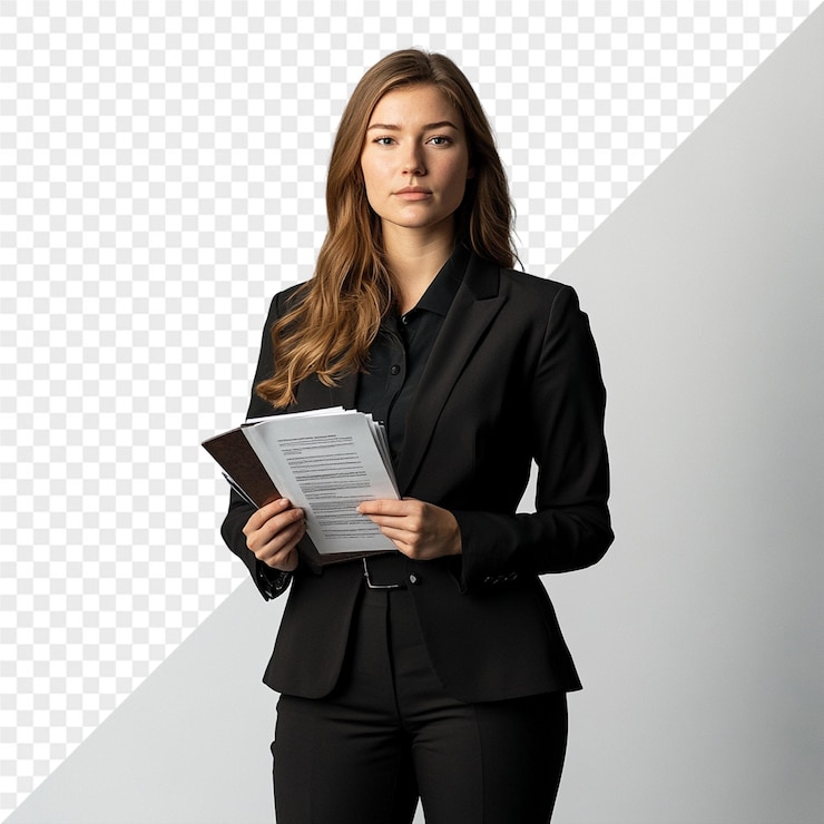 PSD a woman in a suit with a folder that says quot the word quot on it