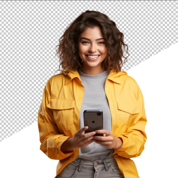 PSD a woman in a yellow jacket is holding a phone and smiling