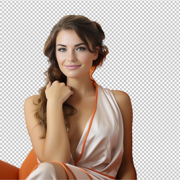 PSD a woman in an orange dress sits in front of a white background