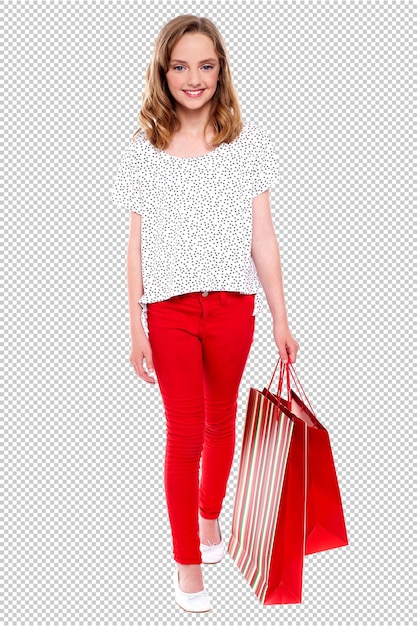 a woman in red with a red bag and a white shirt