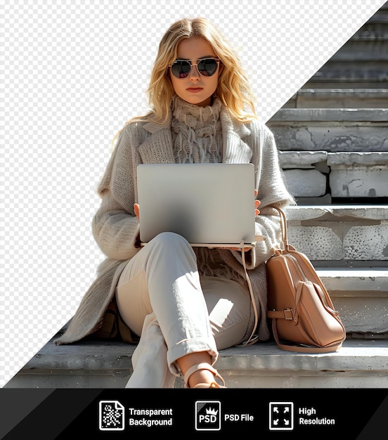 PSD a woman in sunglasses sitting on the steps and working on a laptop png psd