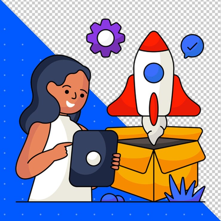 PSD a woman is holding a box with a rocket on it