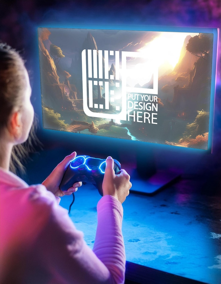PSD a woman is playing a video game with the word live here on the screen
