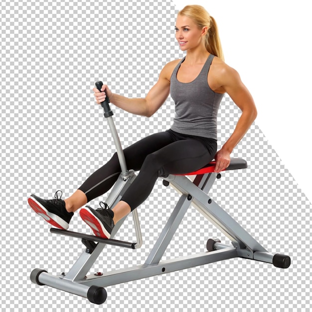 a woman is riding an exercise bike with a red handle