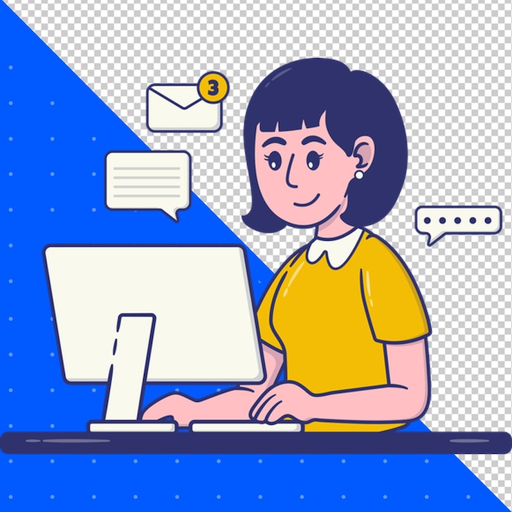 PSD a woman sits at a computer with a white paper in the middle