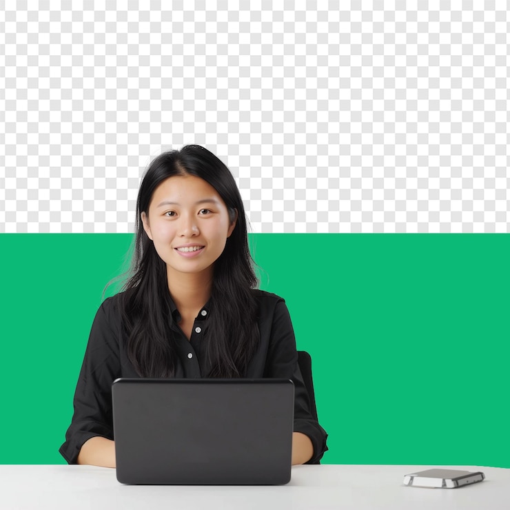 PSD a woman sits at a table with a laptop and a green background