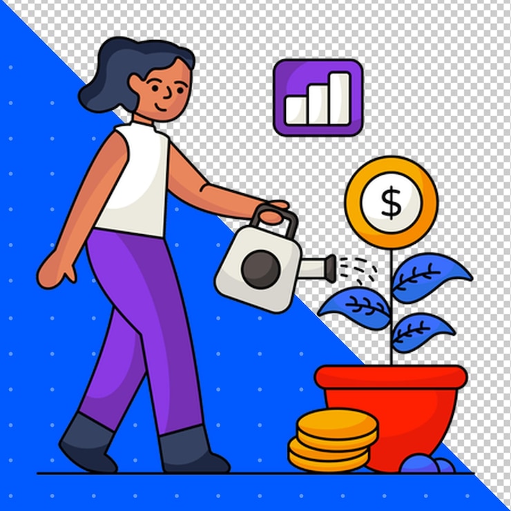 PSD a woman watering a plant with a pot with a dollar sign on it