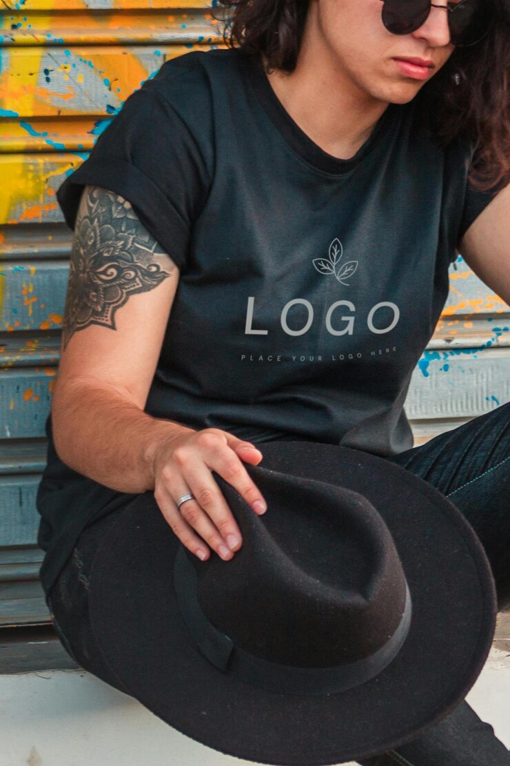 PSD a woman wearing a black shirt that says quot logo on it quot