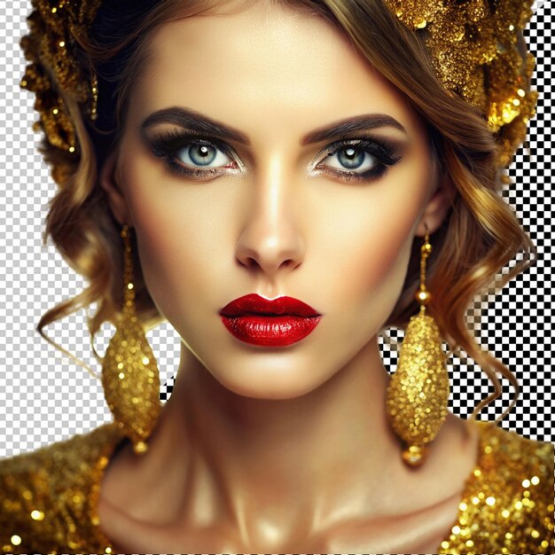 PSD a woman with a gold face and golden makeup a gold glitter on her face