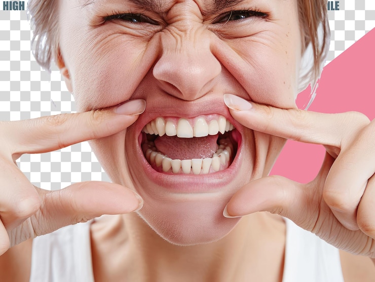 PSD a woman with long brown hair open her mouth with the hands