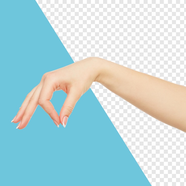 PSD a womans hand with a pink manicure on a blue background