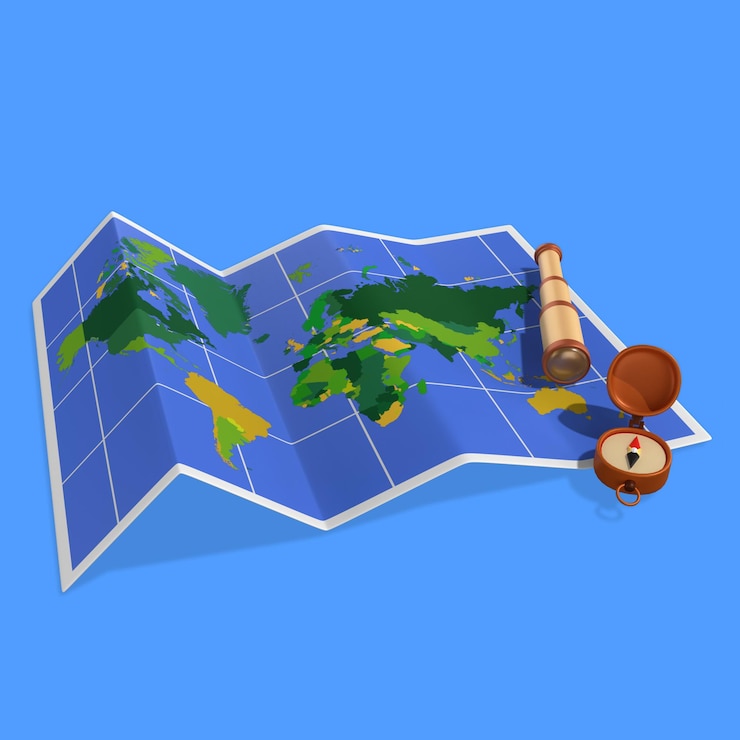 PSD a world maps and a classic monocular telescope and a compass