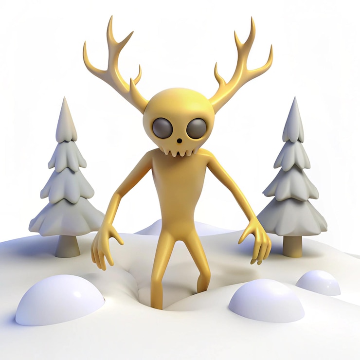 PSD a yellow alien with horns and antlers stands in the snow