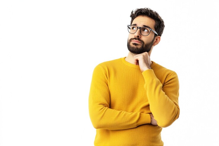 A Yellow dress handsome young man searching answer looking up thoughtful