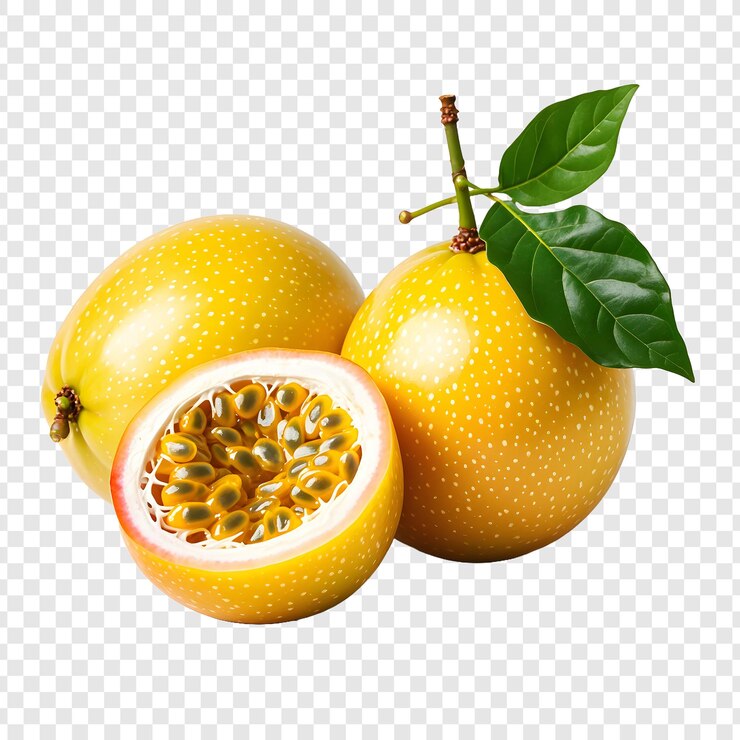 a yellow mango with a green leaf on it
