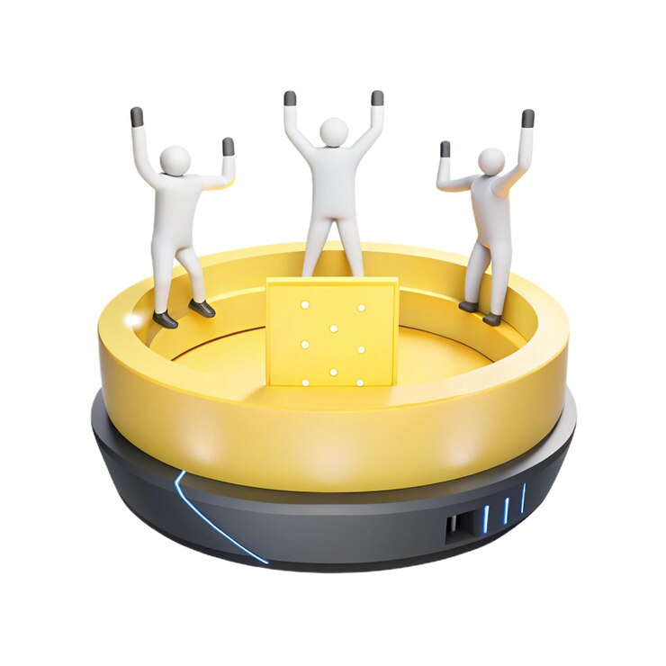 PSD a yellow podium with three people on it