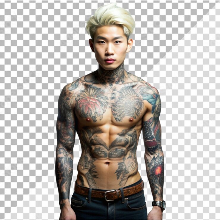 A young asian man with tattoos on transparent background