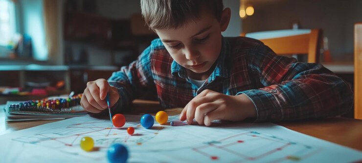 PSD a young boy concentratedly plays a board game