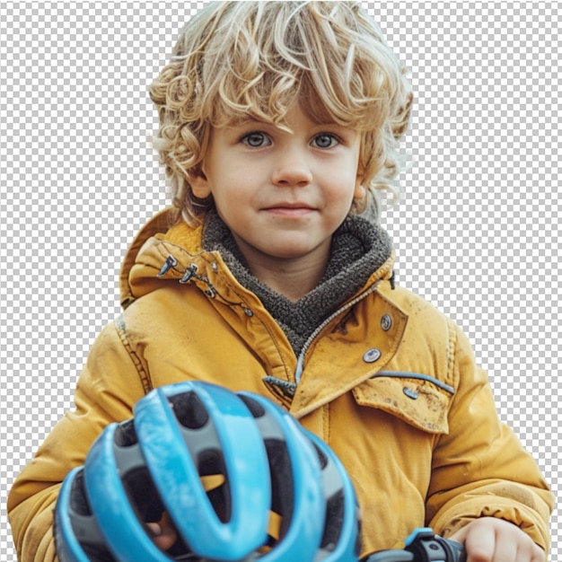 PSD a young boy is holding a helmet and a helmet