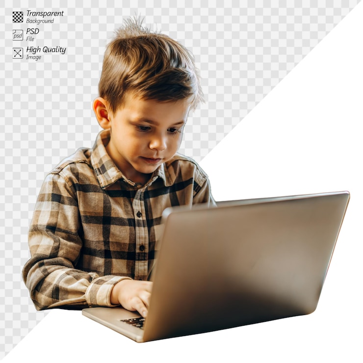 PSD a young boy is sitting at a table with a laptop in front of him