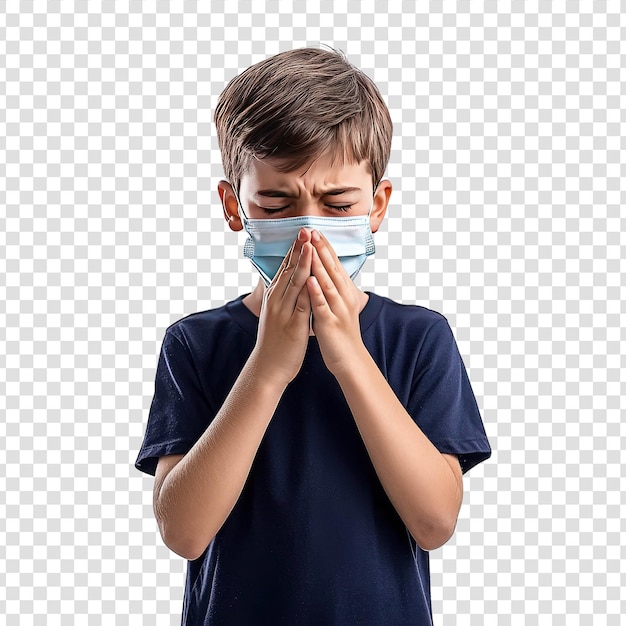 A young boy wearing a light blue surgical mask for cancer awareness on transparent background