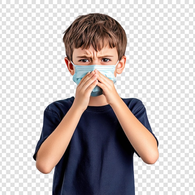 A young boy wearing a light blue surgical mask for cancer awareness on transparent background