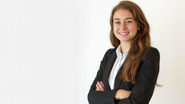 PSD a young woman in a black blazer smiling and looking confidently at the camera with her arms crossed