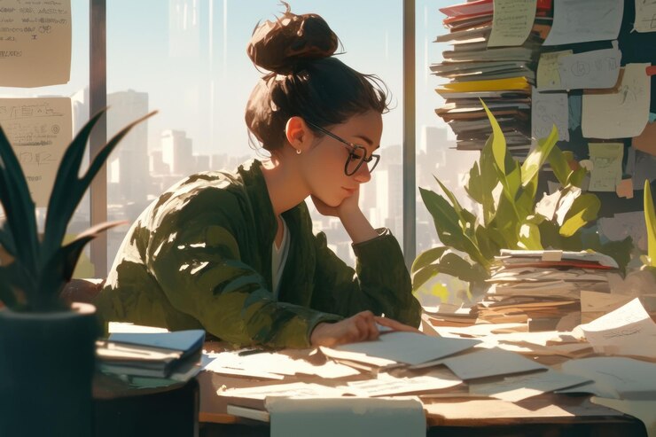 PSD a young woman with glasses sits at a desk piled with papers looking at a document with a city view outside the window