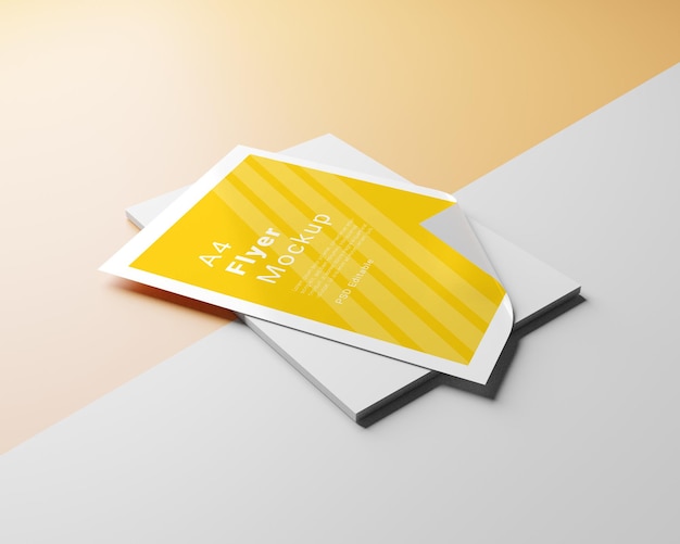 A4-Flyer-Mockup auf einem weißen Stapel mit einem gelb-weißen Hintergrund