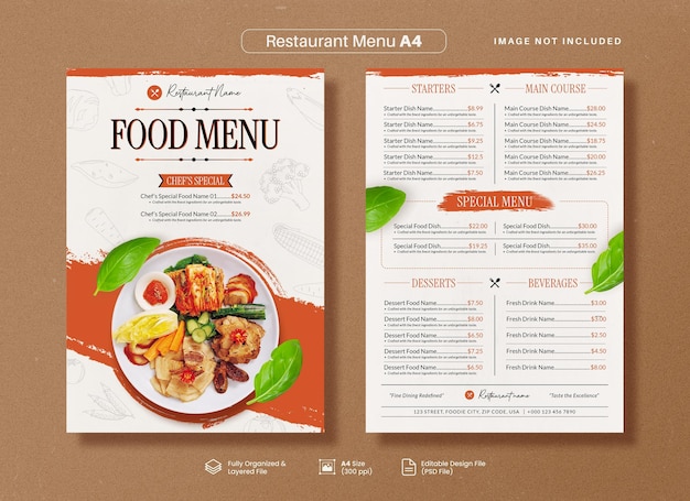 A4 Modello di volantino del menu di una caffetteria o di un ristorante minimale e moderno