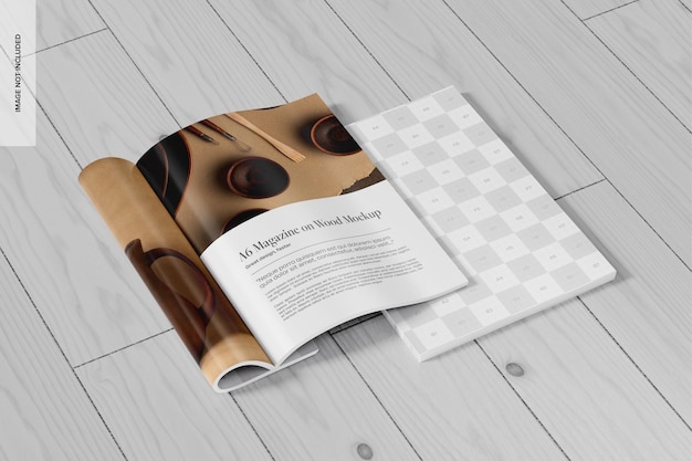 PSD a6 revistas em madeira mockup vista esquerda