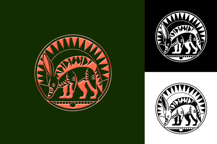 PSD aardvark icon emblema de excavación con frontera africana ilustración de ar duro diseño artístico vectorial de animales