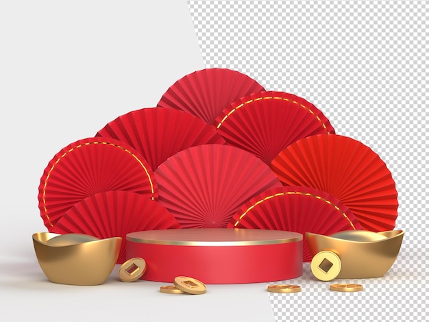 Abanico de papel año nuevo chino con podio y decoración de monedas de oro Concepto de estilo asiático oriental de Feliz año nuevo chino festiva Representación 3D