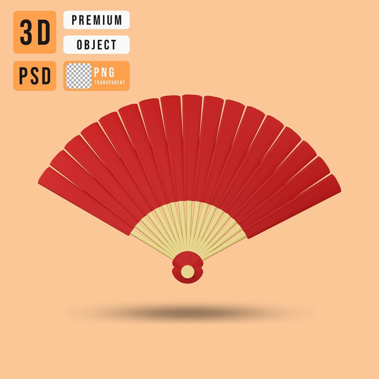 PSD abanico rojo con elementos de renderizado 3d cny y celebración del año nuevo chino