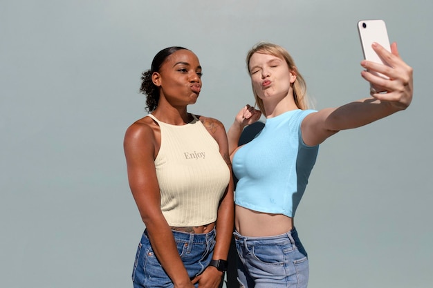 Abbigliamento estivo modello PSD amiche di razza mista che si fanno un selfie