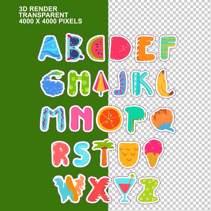 PSD abc alphabets anglais dans les fruits légumes fruits légumes dessin animé d'été art mot dessin cartoon char