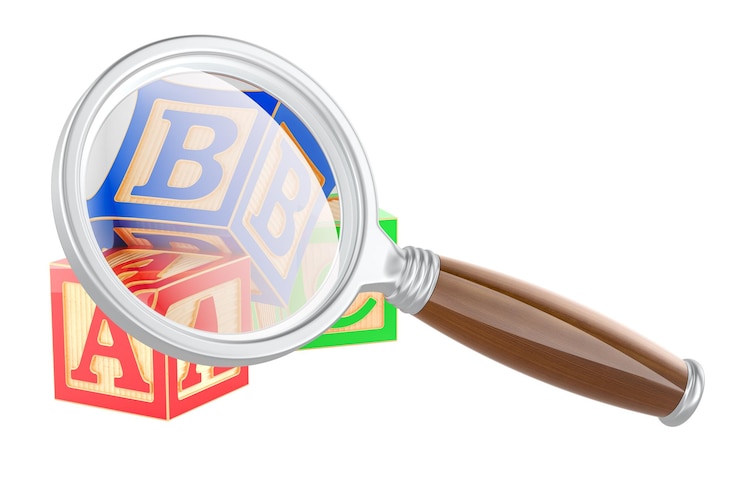 PSD abc blocs en bois lettres de l'alphabet avec rendu 3d en loupe isolées sur un fond transparent
