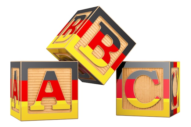 ABC-Würfel mit dem 3D-Rendering der deutschen Flagge, isoliert auf durchsichtigem Hintergrund